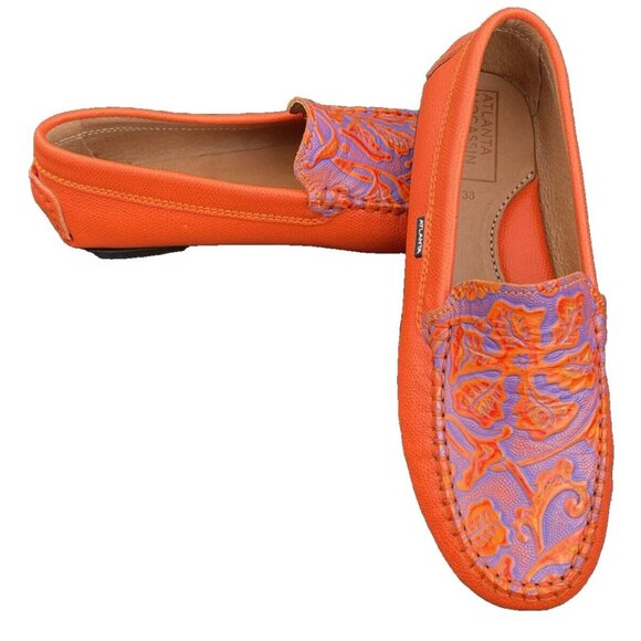 Atlanta Moccasins Shoes Womens Orange Blue Leather Driving Loafer Preppy Mature - Picture 7 of 15